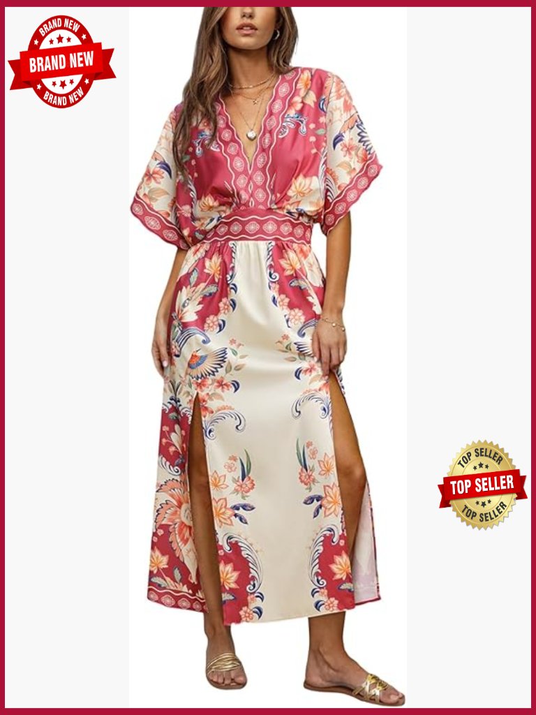 Boho Maxi Dress Plunging V Dolman Sleeve Empire Waist Side Slit Holiday Beach